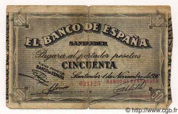 50 Pesetas ESPAGNE Santander 1936 PS.584(e) B+