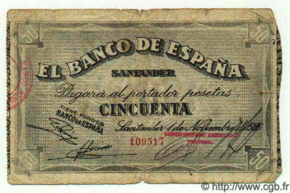 50 Pesetas ESPAGNE Santander 1936 PS.584(c) B+