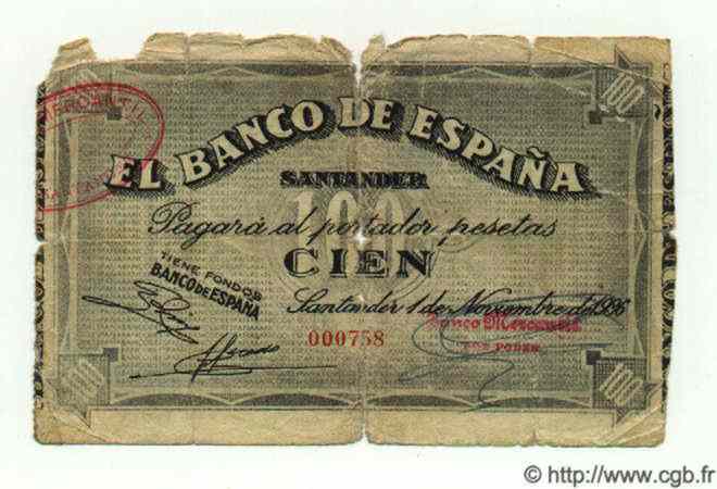 100 Pesetas ESPAGNE Santander 1936 PS.585(d) pr.B