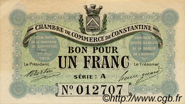 1 Franc ALGÉRIE Constantine 1915 JP.02 TTB