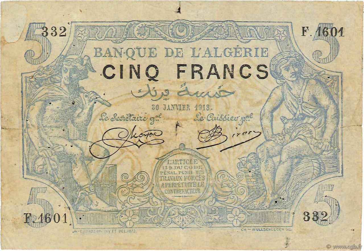 5 Francs Faux ALGÉRIE  1918 P.071bx pr.TB