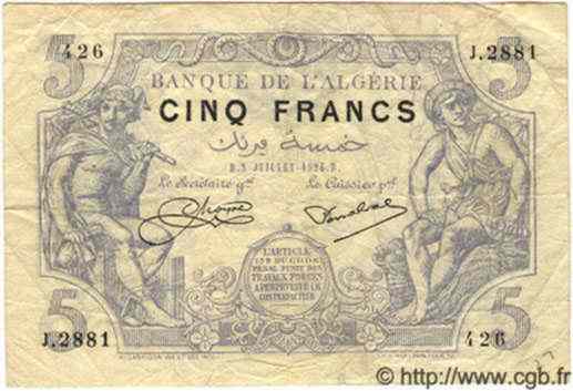5 Francs ALGÉRIE  1924 P.002 TB à TTB
