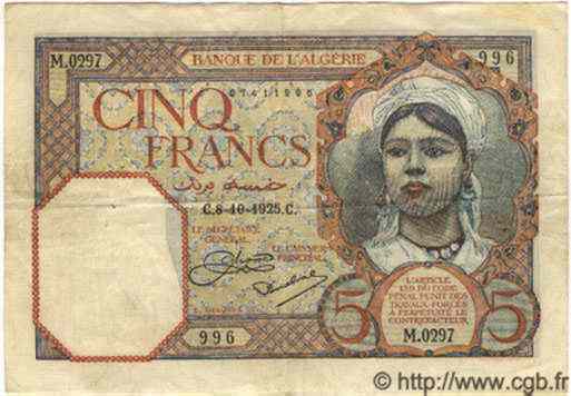 5 Francs  ALGÉRIE  1925 P.003 TTB