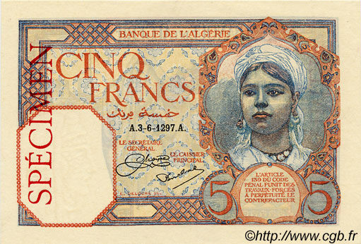 5 Francs Spécimen ALGÉRIE  1927 P.003s NEUF