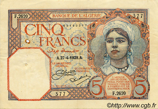 5 Francs ALGÉRIE  1928 P.003 TTB