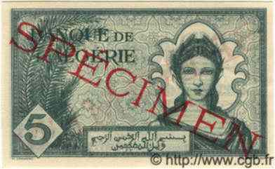 5 Francs Spécimen ALGÉRIE  1942 P.091s NEUF