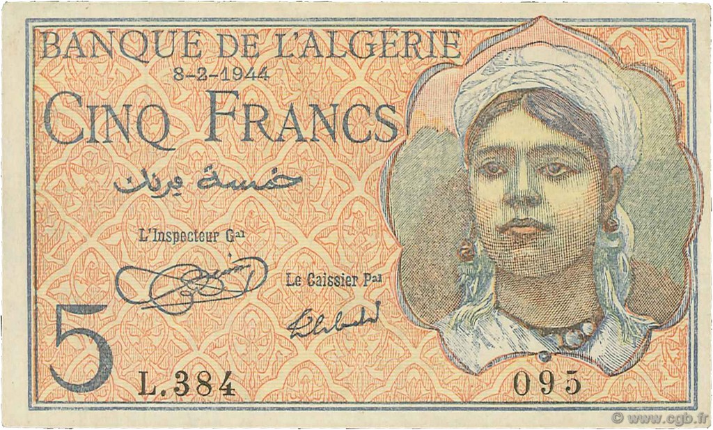 5 Francs ALGÉRIE  1944 P.094a SUP+