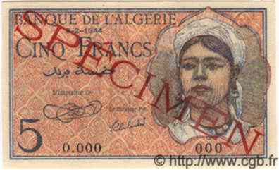 5 Francs Spécimen ALGÉRIE  1944 P.094s NEUF