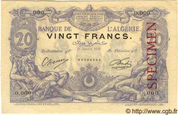 20 Francs Spécimen ALGÉRIE  1910 P.008s SPL