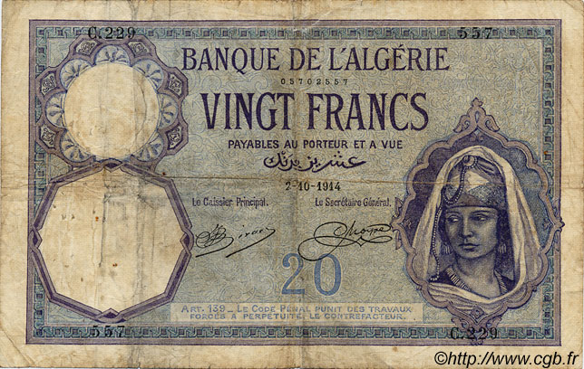 20 Francs ALGÉRIE  1914 P.078a B+