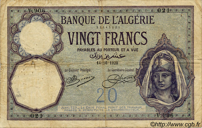 20 Francs ALGÉRIE  1920 P.078a B+ à TB