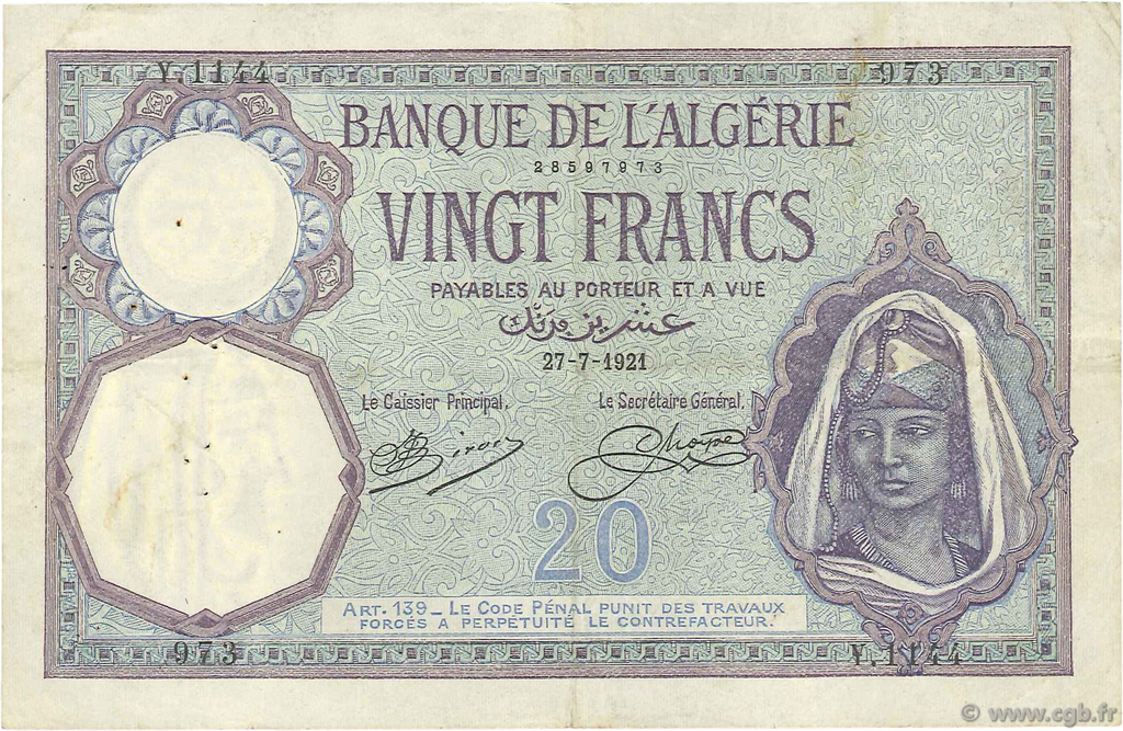 20 Francs ALGÉRIE  1921 P.078a TTB