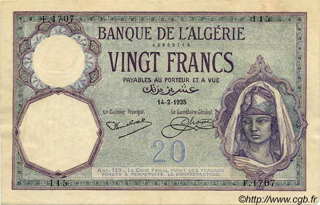 20 Francs ALGÉRIE  1925 P.078b TTB+