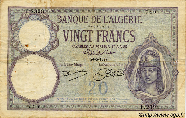 20 Francs ALGÉRIE  1927 P.009 B+ à TB