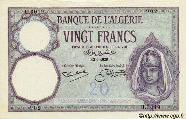 20 Francs ALGÉRIE  1929 P.078b SPL