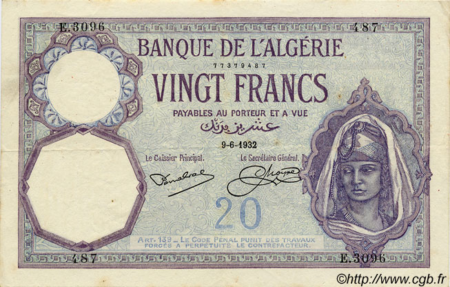 20 Francs ALGÉRIE  1932 P.009 TB