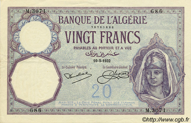 20 Francs ALGÉRIE  1932 P.078b TTB+ à SUP