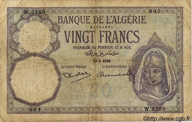 20 Francs ALGÉRIE  1939 P.078c B+ à TB