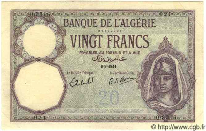 20 Francs ALGÉRIE  1941 P.078c SUP+