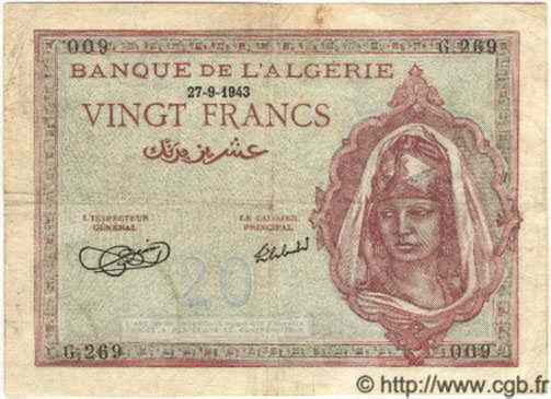 20 Francs ALGÉRIE  1943 P.010 TB+