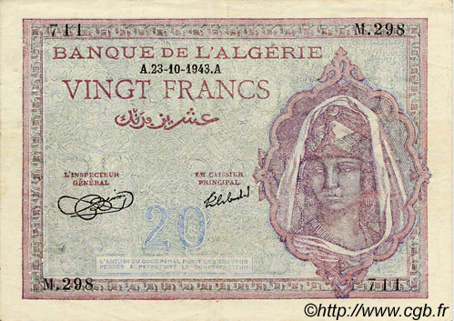 20 Francs  ALGÉRIE  1943 P.010 TTB+
