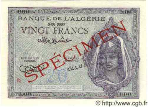 20 Francs Spécimen ALGÉRIE  1942 P.010s NEUF