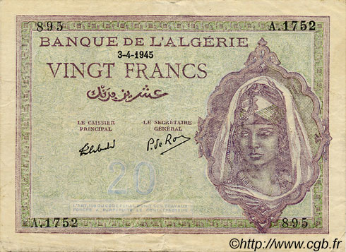 20 Francs ALGÉRIE  1945 P.011 TTB