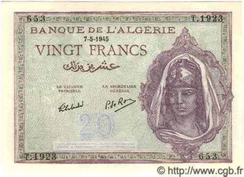 20 Francs ALGERIA  1945 P.011 FDC