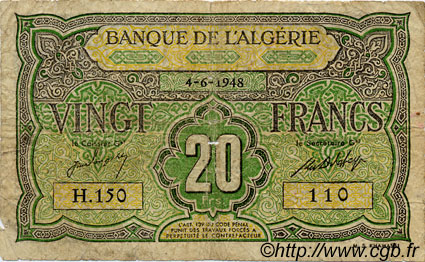 20 Francs ALGÉRIE  1948 P.012 B+
