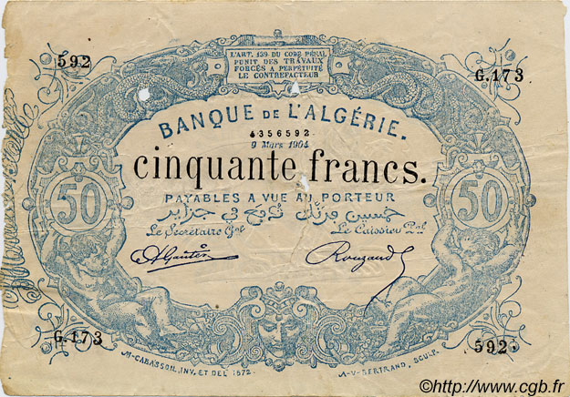 50 Francs Faux ALGÉRIE  1904 P.073x TB