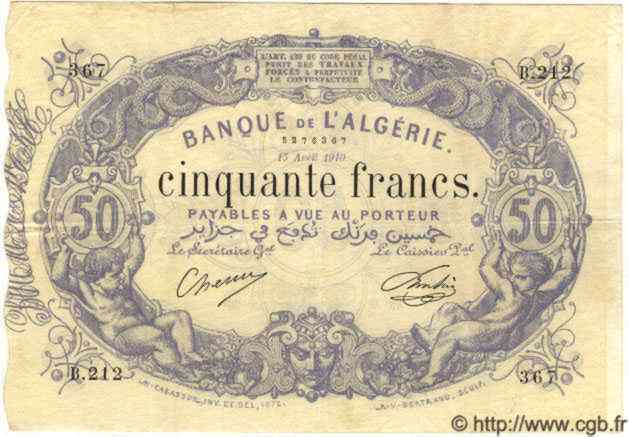 50 Francs ALGERIEN  1910 P.014 SS