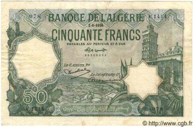 50 Francs ALGÉRIE  1936 P.015 TB à TTB
