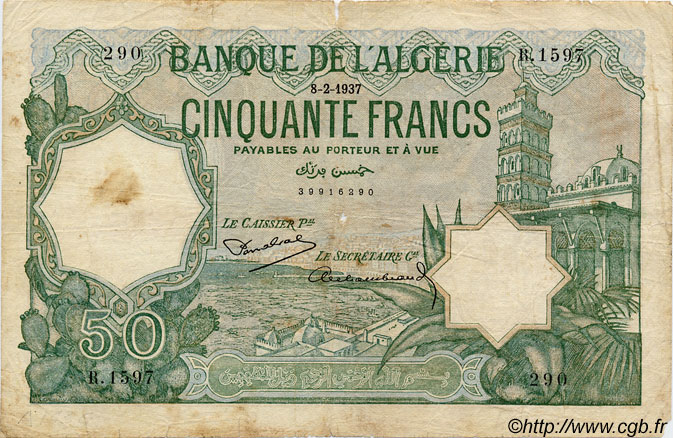 50 Francs ALGÉRIE  1937 P.080a B+