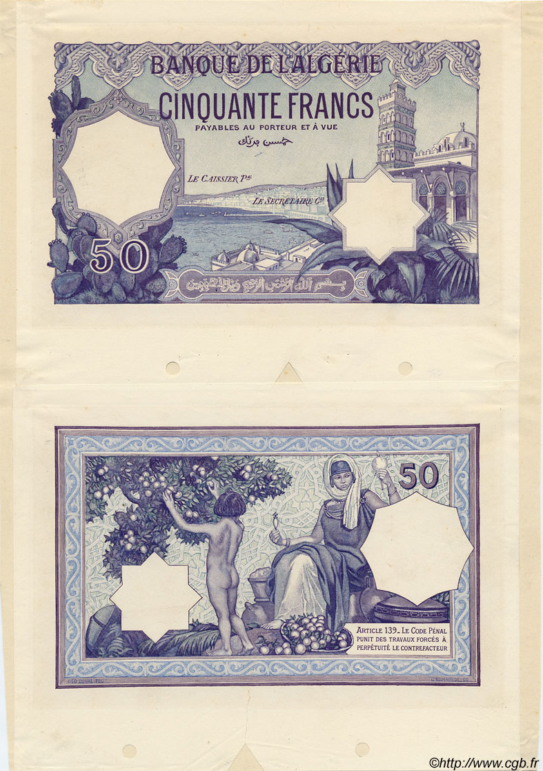 50 Francs Épreuve ALGÉRIE  1920 P.015var SPL