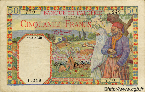 50 Francs ALGÉRIE  1940 P.016a pr.TTB