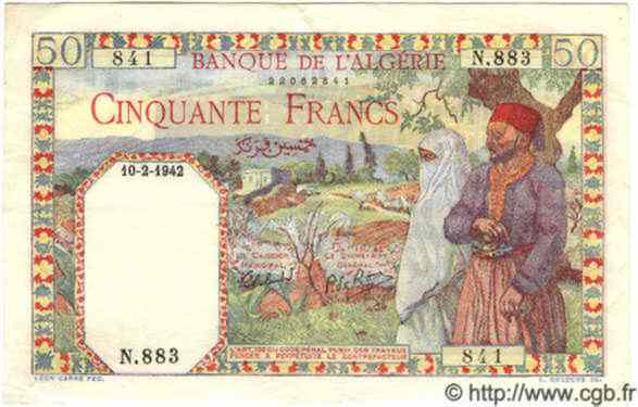 50 Francs ALGÉRIE  1942 P.016a SUP
