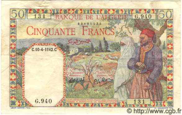 50 Francs ALGÉRIE  1942 P.016a pr.TTB