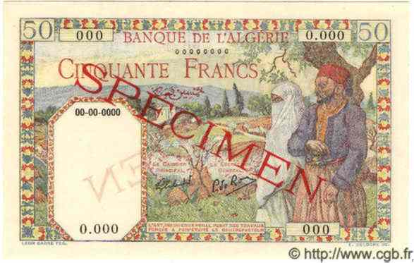 50 Francs Spécimen ALGÉRIE  1944 P.087s pr.NEUF