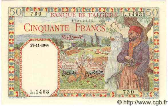 50 Francs ALGERIA  1944 P.016b UNC