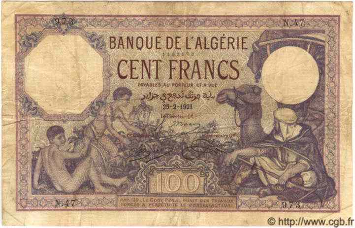 100 Francs ALGÉRIE  1921 P.019 TB