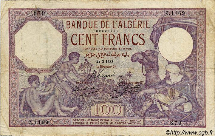 100 Francs ALGÉRIE  1933 P.019 pr.TB