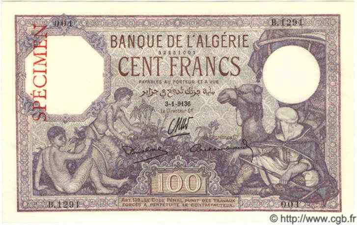 100 Francs Spécimen ALGÉRIE  1936 P.081s NEUF