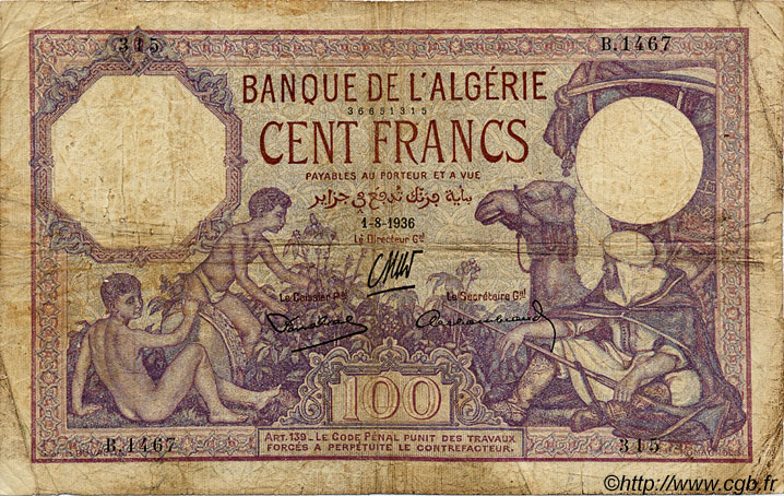 100 Francs ALGÉRIE  1936 P.019 B