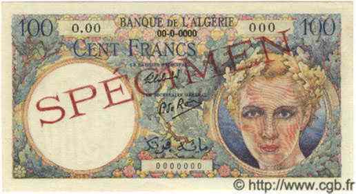 100 Francs Spécimen ALGÉRIE  1944 P.020As NEUF