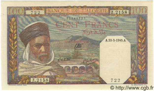 100 Francs ALGÉRIE  1945 P.020a NEUF