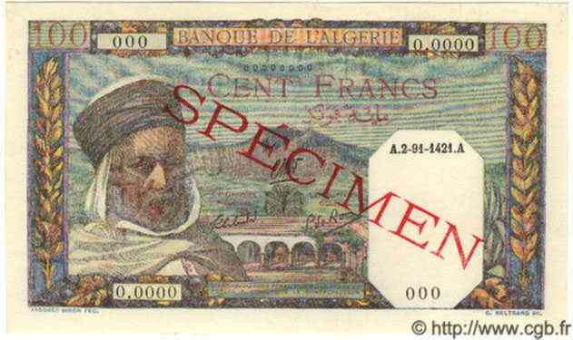 100 Francs Spécimen ALGÉRIE  1942 P.088s NEUF