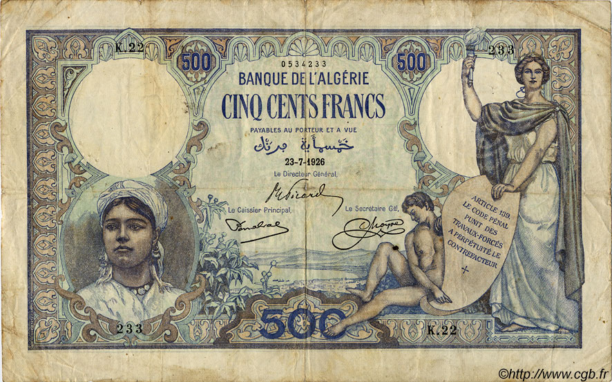 500 Francs ALGÉRIE  1926 P.082 pr.TB