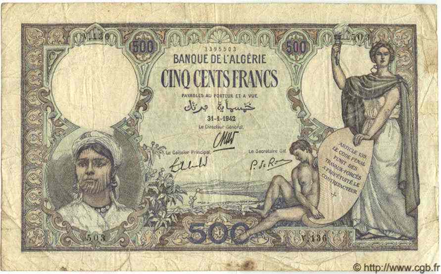 500 Francs ALGÉRIE  1942 P.023c B à TB