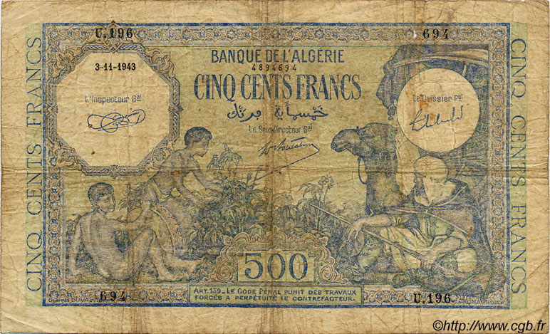 500 Francs  ALGÉRIE  1943 P.024 B
