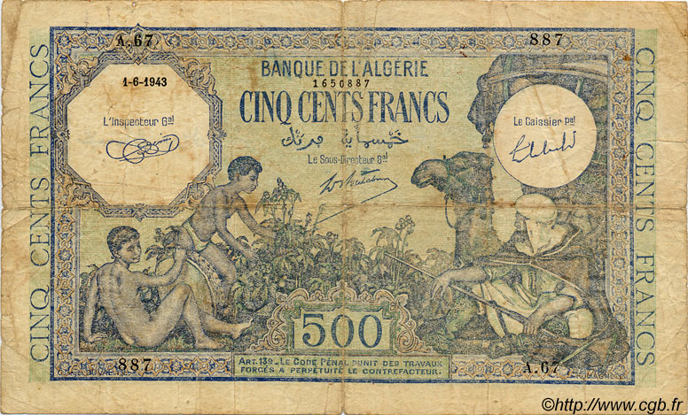 500 Francs ALGÉRIE  1943 P.024 B+